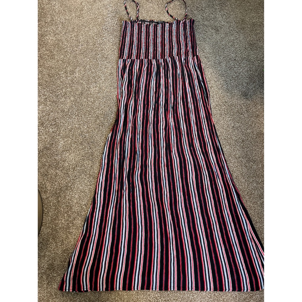 Ambiance Maxi Dress Black Red Blue Stripe Smocked Empire Waist Spaghetti Strap L